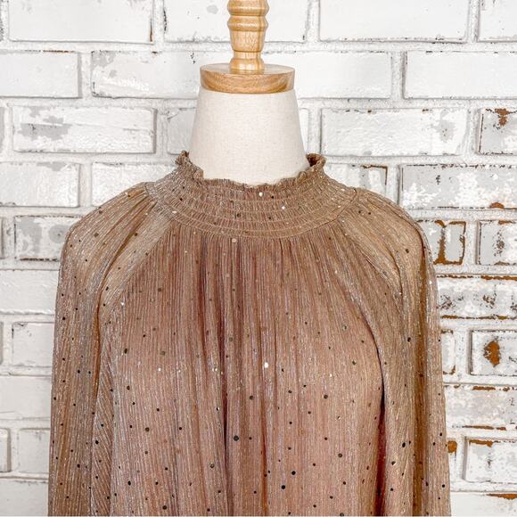 Nina Leonard Rose Gold Metallic Chiffon Sheer Mock Neck Cocktail Midi Dress - Picture 10 of 16